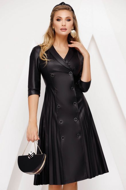 rochie fofy neagra midi plisata de zi din piele ec S051077 3 497119