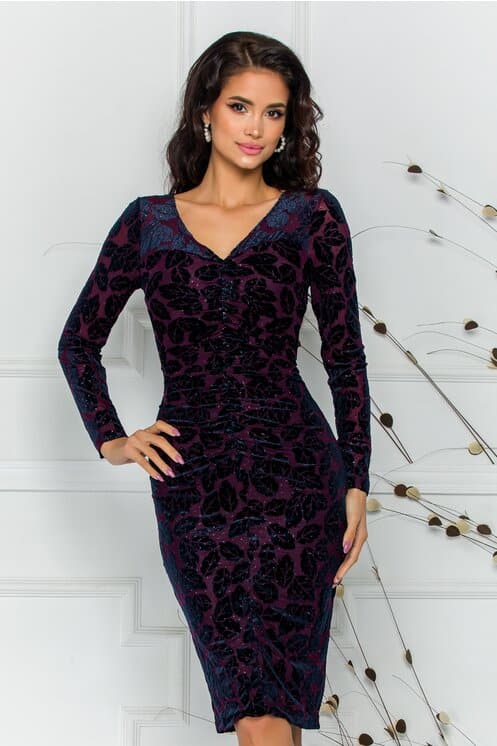 rochie leonard collection bordo cu detalii catifelate bleumarin si buline din sclipici 597170 2