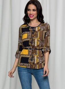 Bluza Alessia maro cu imprimeuri galbene si bleumarin