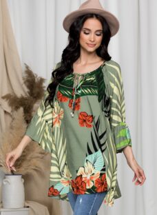 Bluza Arina kaki cu imprimeu exotic