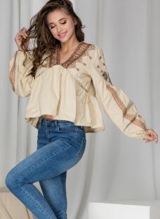 Bluza Becca bej din bumbac cu broderie