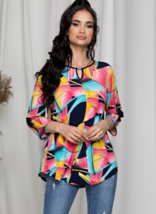 Bluza Elena cu imprimeu multicolor si accesoriu la baza gatului