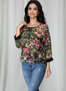 Bluza Estella neagra cu imprimeu floral frunze