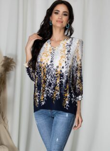 Bluza Kane alba cu imprimeu floral si baza bleumarin