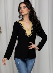 Bluza Kelly neagra cu broderie bej cu fir lurex