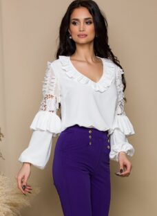Bluza LaDonna alba cu volanas la bust si dantela pe maneci