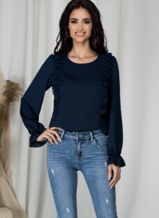 Bluza lejera Samira bleumarin cu volane la bust