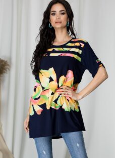 Bluza Lory bleumarin cu dungi si imprimeu floral