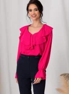 Bluza Moze fucsia cu decolteu in V accesorizat cu volan