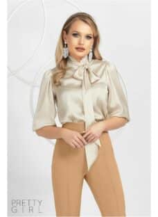 Bluză Pretty Girl bej cu imprimeu picior de cocos cu eșarfa detasabila