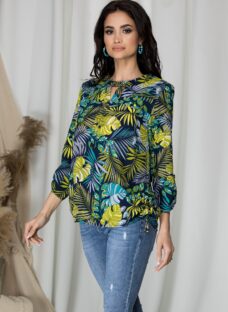 Bluza Sibbil bleumarin cu imprimeu exotic verde