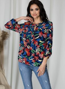 Bluza Sibbil bleumarin cu imprimeu floral rosu mozaic