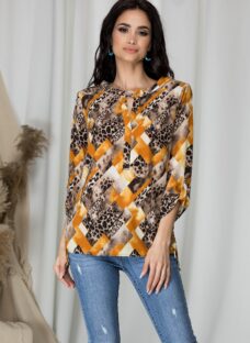 Bluza Sibbil cu animal print maro si imprimeu galben