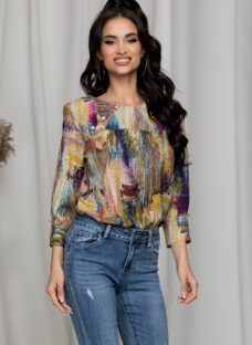 Bluza Sima cu imprimeu colorat si nasturi decorativi la decolteu