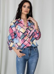 Camasa Adela lejera cu imprimeuri roz si galben