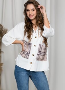 Camasa alba cu buzunare bej cu carouri