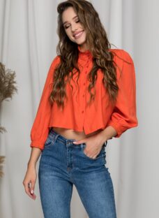 Camasa Crina orange scurta cu broderie la bust si maneci
