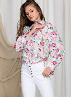 Camasa Denisse alba cu trandafiri roz si buline