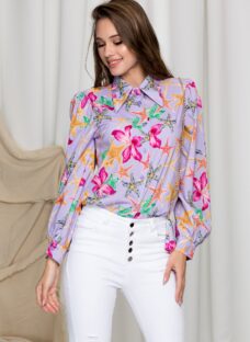 Camasa Denisse lila cu imprimeu si accesoriu
