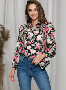 Camasa Denisse neagra cu trandafiri roz si buline