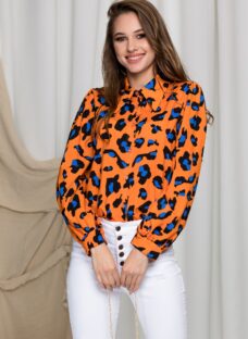 Camasa Denisse orange cu imprimeu animal print si accesoriu