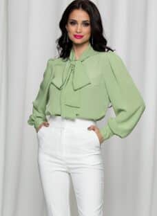 Camasa LaDonna verde fistic cu guler tip esarfa