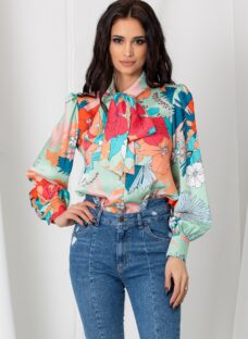 Camasa LaDonna verde mint cu imprimeu floral si guler tip esarfa