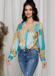 Camasa Melania turcoaz cu galben si imprimeuri diverse