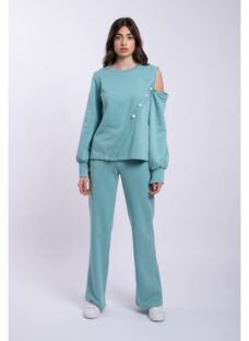 Compleu LaDonna verde mint accesorizat cu nasturi perlati