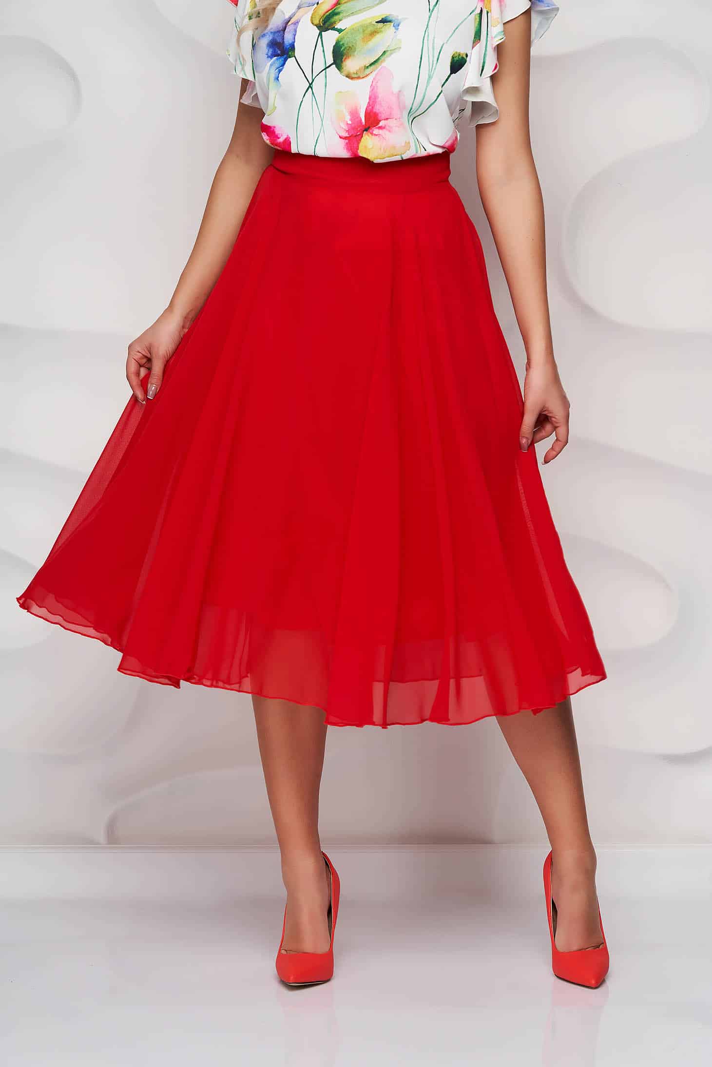 auction Bold Socialism Fusta StarShinerS rosie midi eleganta din voal in clos cu talie inalta -  iubesc Moda