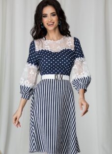 Rochie Adela bleumarin cu buline si dungi