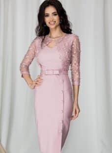 Rochie Alexis roz cu broderie la bust si nasturi pe fusta