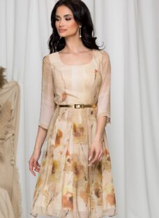 Rochie Alina bej cu imprimeu floral pe fusta