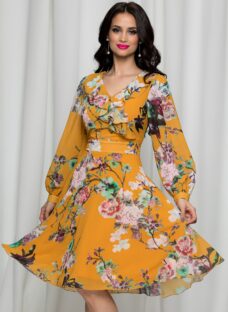 Rochie Alisa midi in clos cu imprimeu mustar