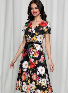 Rochie Anais neagra clos cu imprimeu floral si decolteu in V