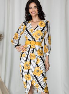 Rochie Anisia cu dungi alb-negru si flori galbene