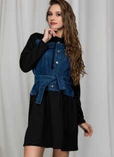 Rochie Aurora neagra cu bust din denim
