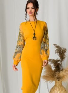 Rochie Ayana galbena cu maneci din voal imprimat