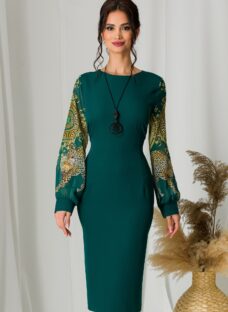 Rochie Ayana verde cu maneci din voal cu print si margelute la guler