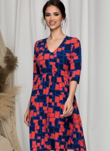Rochie Bella bleumarin cu imprimeuri geometrice corai