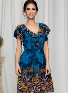 Rochie Betina albastru marin vaporoasa cu animal print