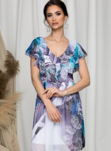 Rochie Betina vaporoasa cu imprimeuri lila si turcoaz