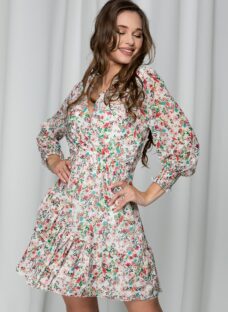 Rochie Caroline alba cu imprimeu floral si volane