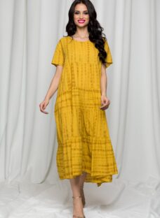 Rochie Cerasela galben mustar cu maneci scurte si croi tip volanase