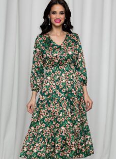 Rochie Charlotte verde satinata cu imprimeu floral