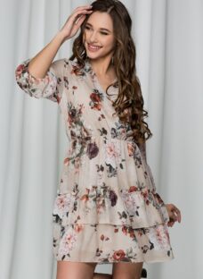 Rochie Daiana bej cu imprimeu floral si volane