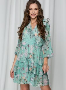 Rochie Daiana verde cu imprimeu floral si volane