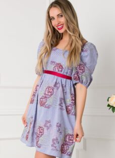 Rochie Daniela din bumbac cu dungi alb/bleumarin si broderie florala