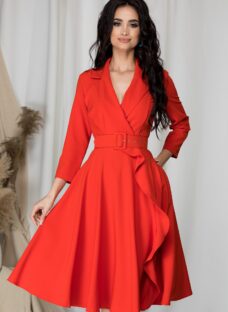Rochie Dora corai cu aspect petrecut si volan
