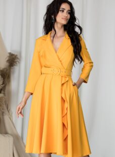 Rochie Dora galben mustar cu aspect petrecut si volan